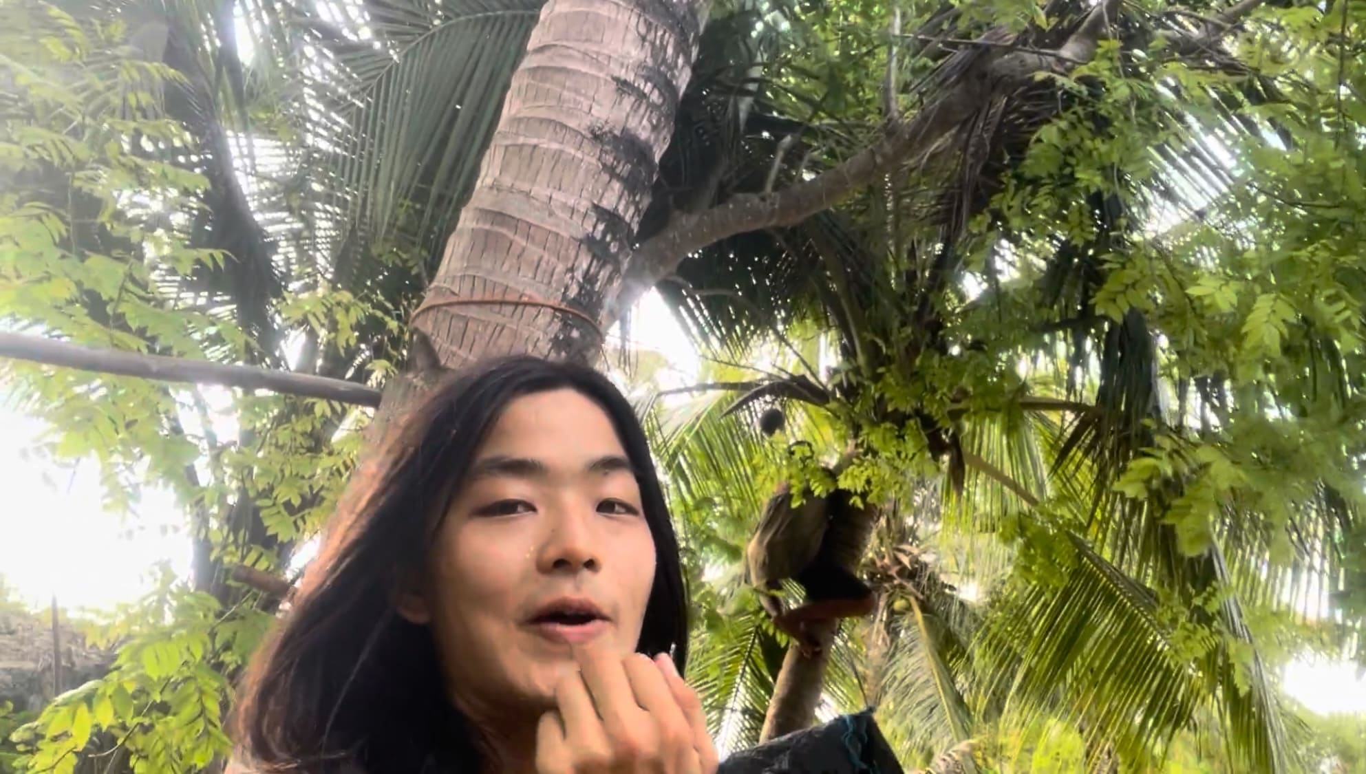 a guy pointing at a coconut on a tree in Argao, Cebu