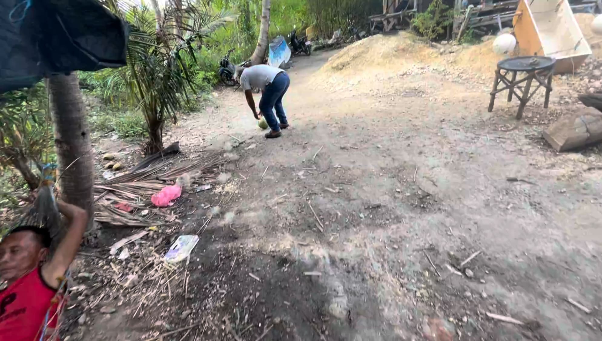 a man picking up a coconut.