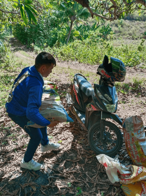 a motorcycle carrying sacks of cassava and kamote weighing almost 100 kilograms