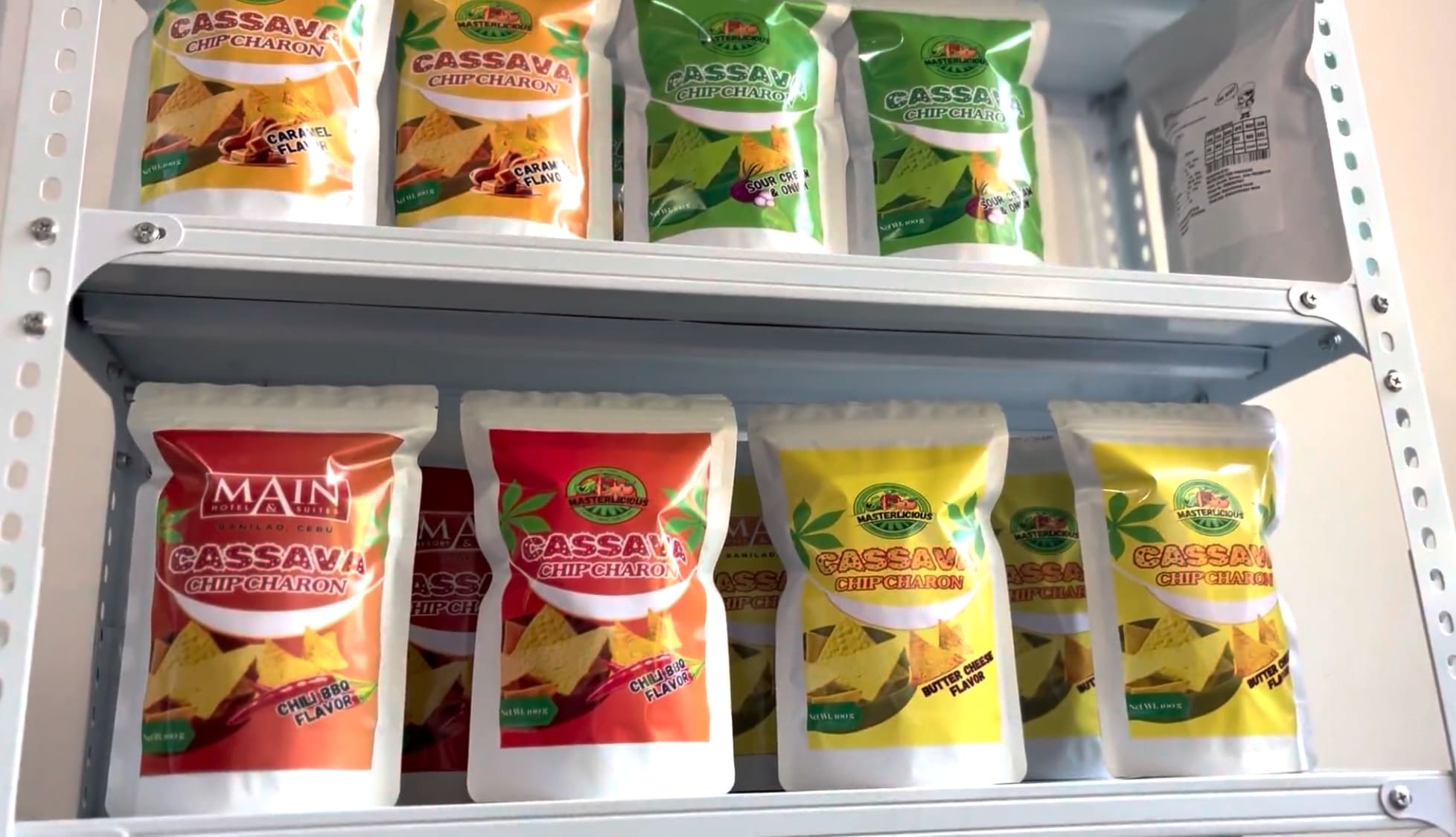 Cassava chips displayed on a shelf
