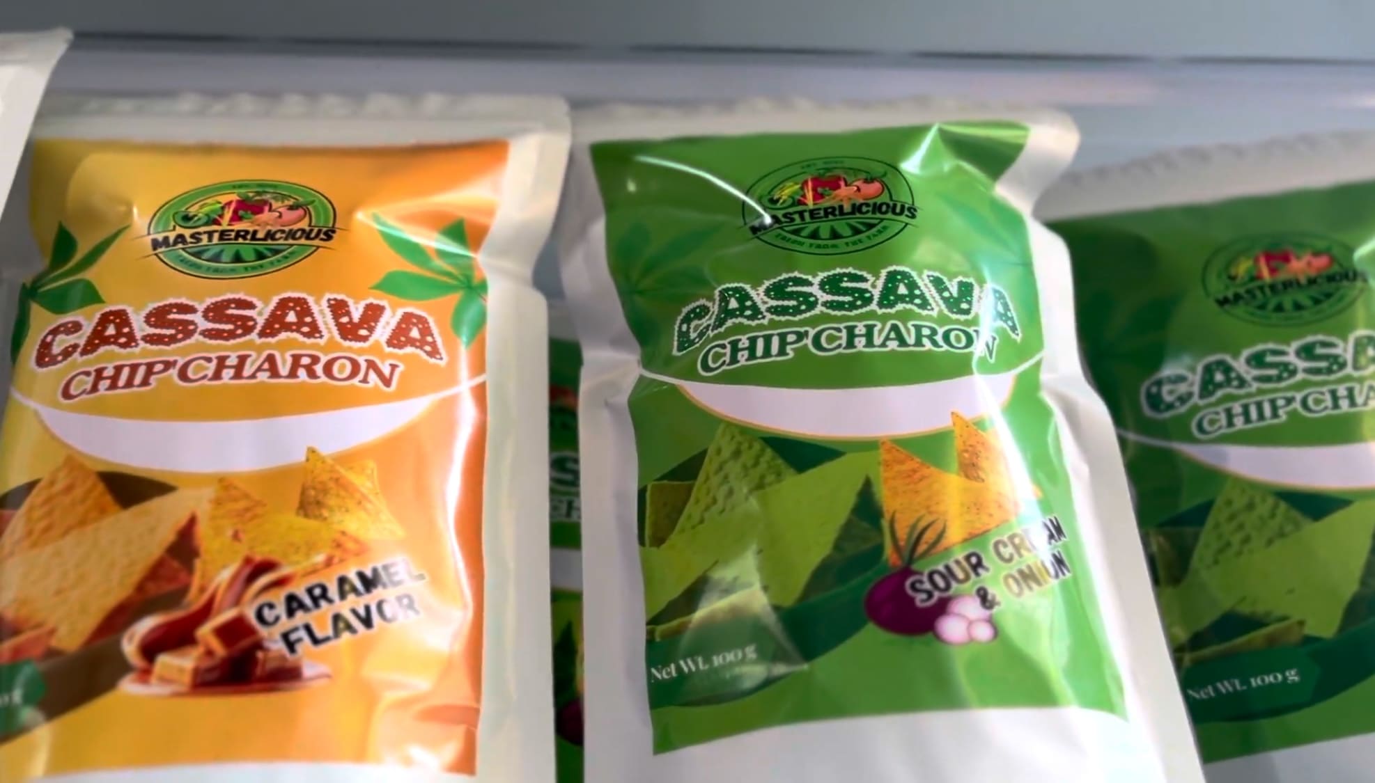 Cassava chips displayed on a shelf as a food product