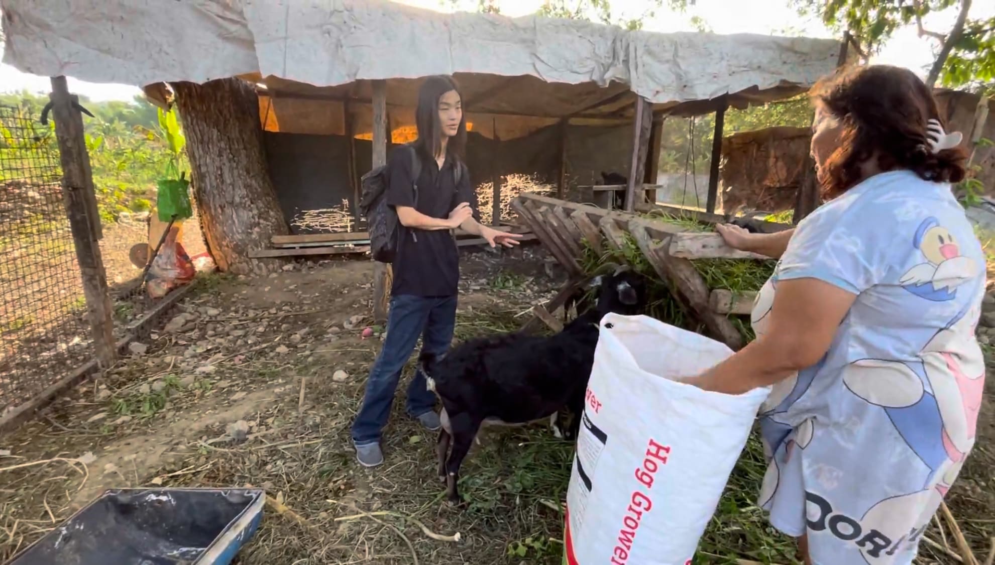 a guy and filipina talking together in a goat farm