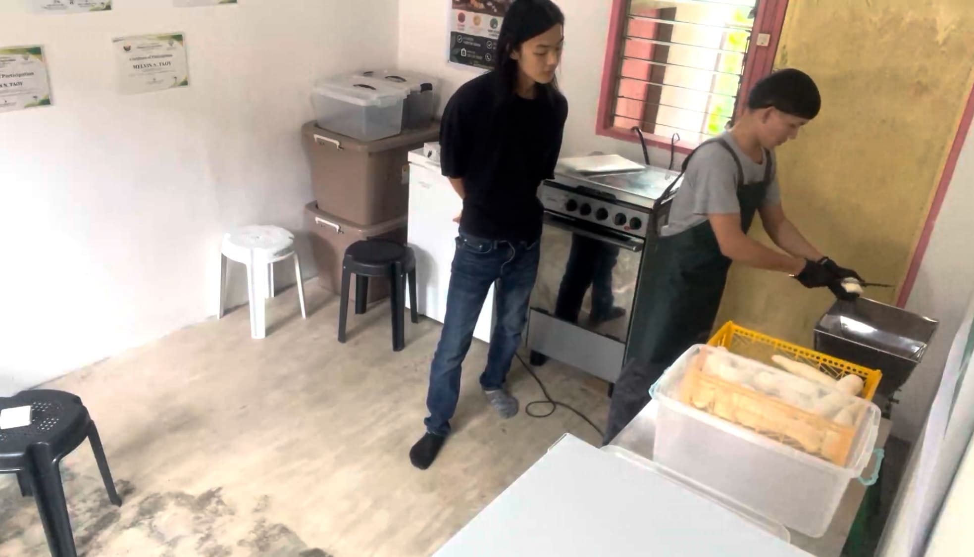 Man putting cassava into a cassava grating machine