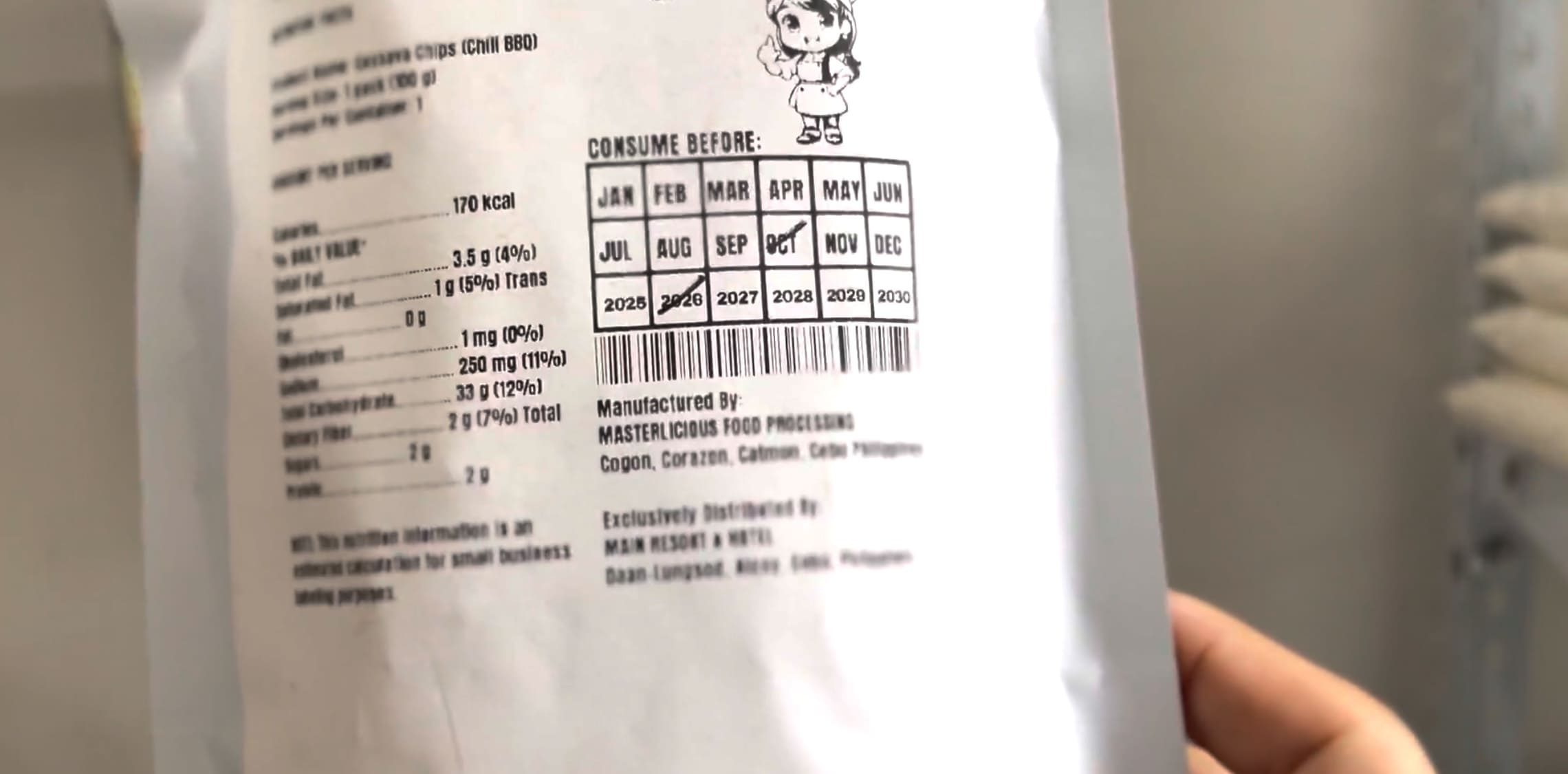 Cassava chipcharon package showing a six-month shelf life
