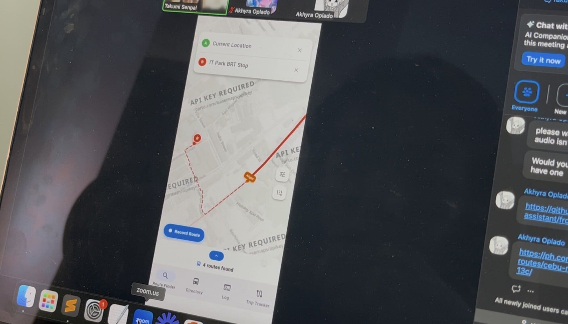 A jeepney app interface shared during a video call