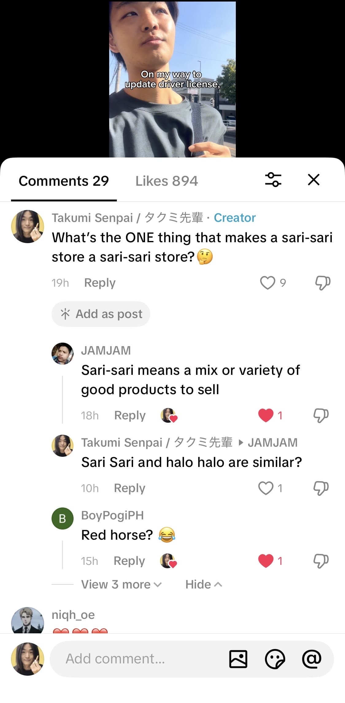 Social media comment section discussing what makes a sari-sari store