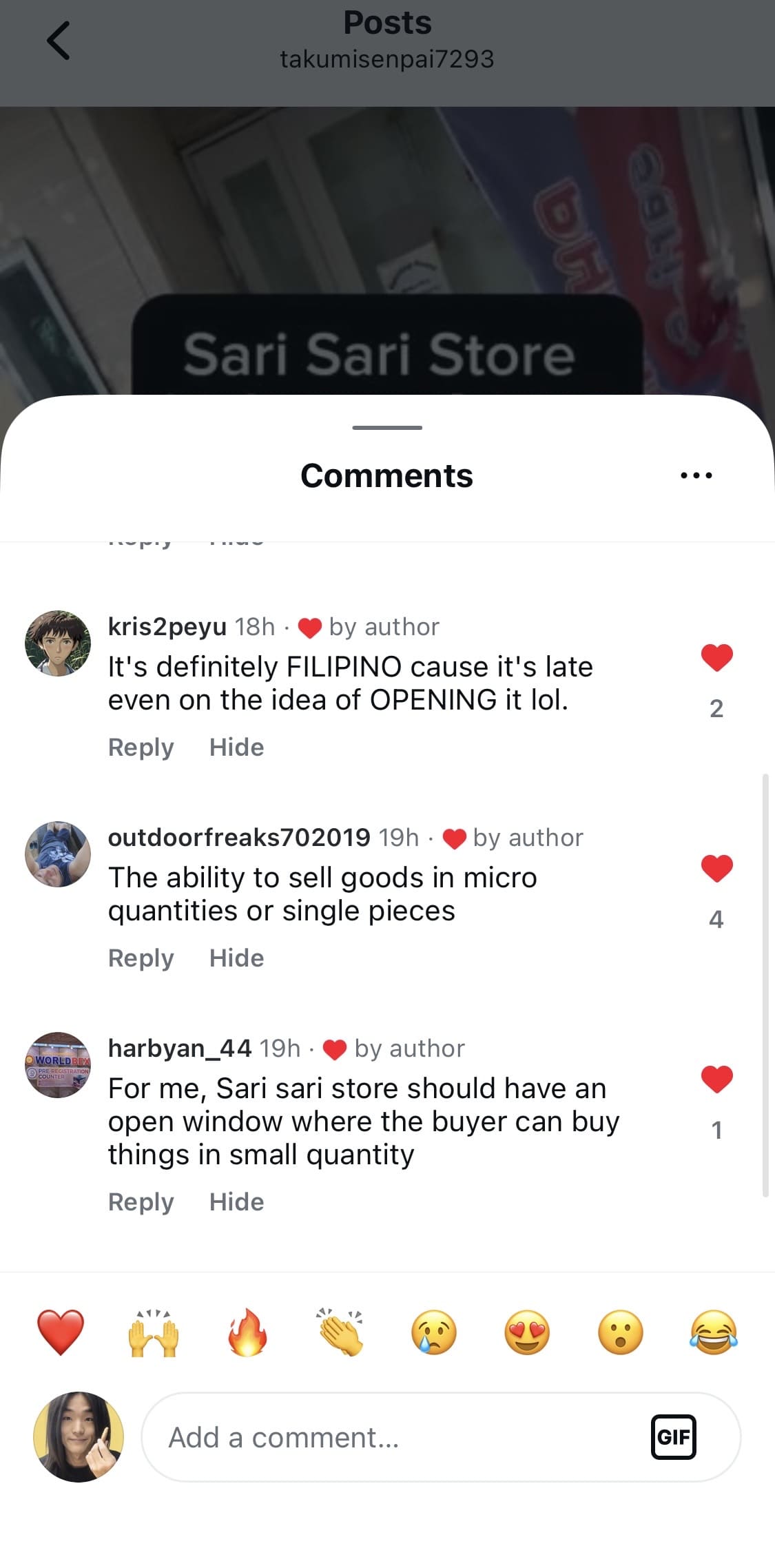 Social media comment section discussing what makes a sari-sari store